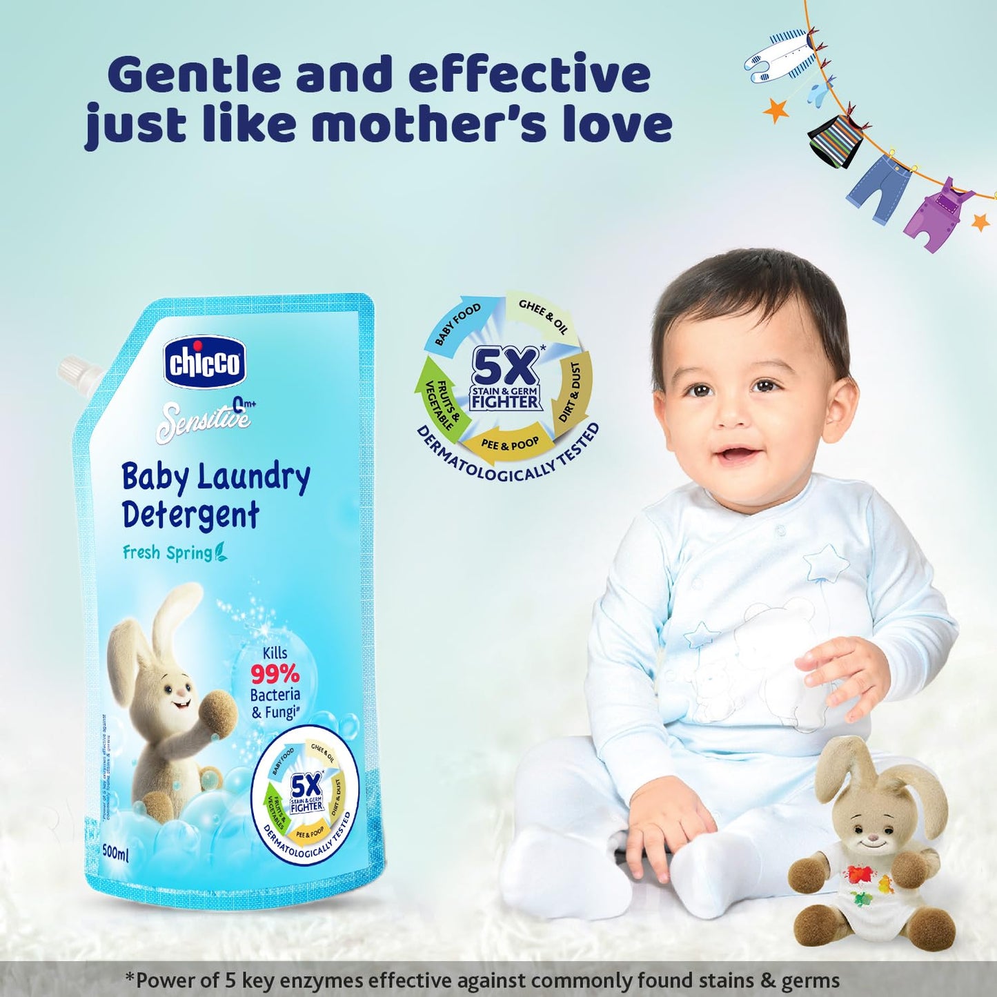 Chicco Baby Liquid Laundry Detergent, 5X Stain & Germ Fighter, Kills 99% of Germs, Dermatologically Tested, Effective & Gentle Cleaning, Fresh Springs, Refill pack (500 ML)