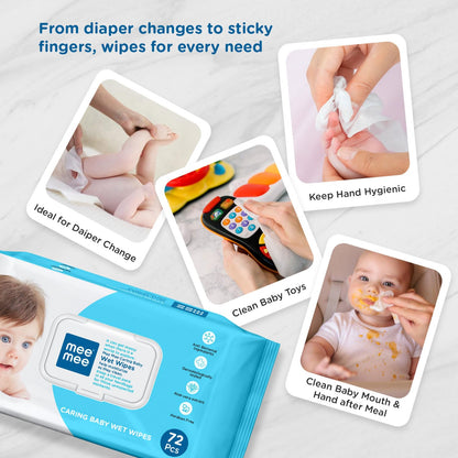 Mee Mee Multipurpose Baby Wipes - Aloe-Infused Hygiene, Mess-Free Mealtimes, Dermatologically Tested, Alcohol-Free, and Resealable Packaging for Baby's Delicate Skin With LId (72 PCS)