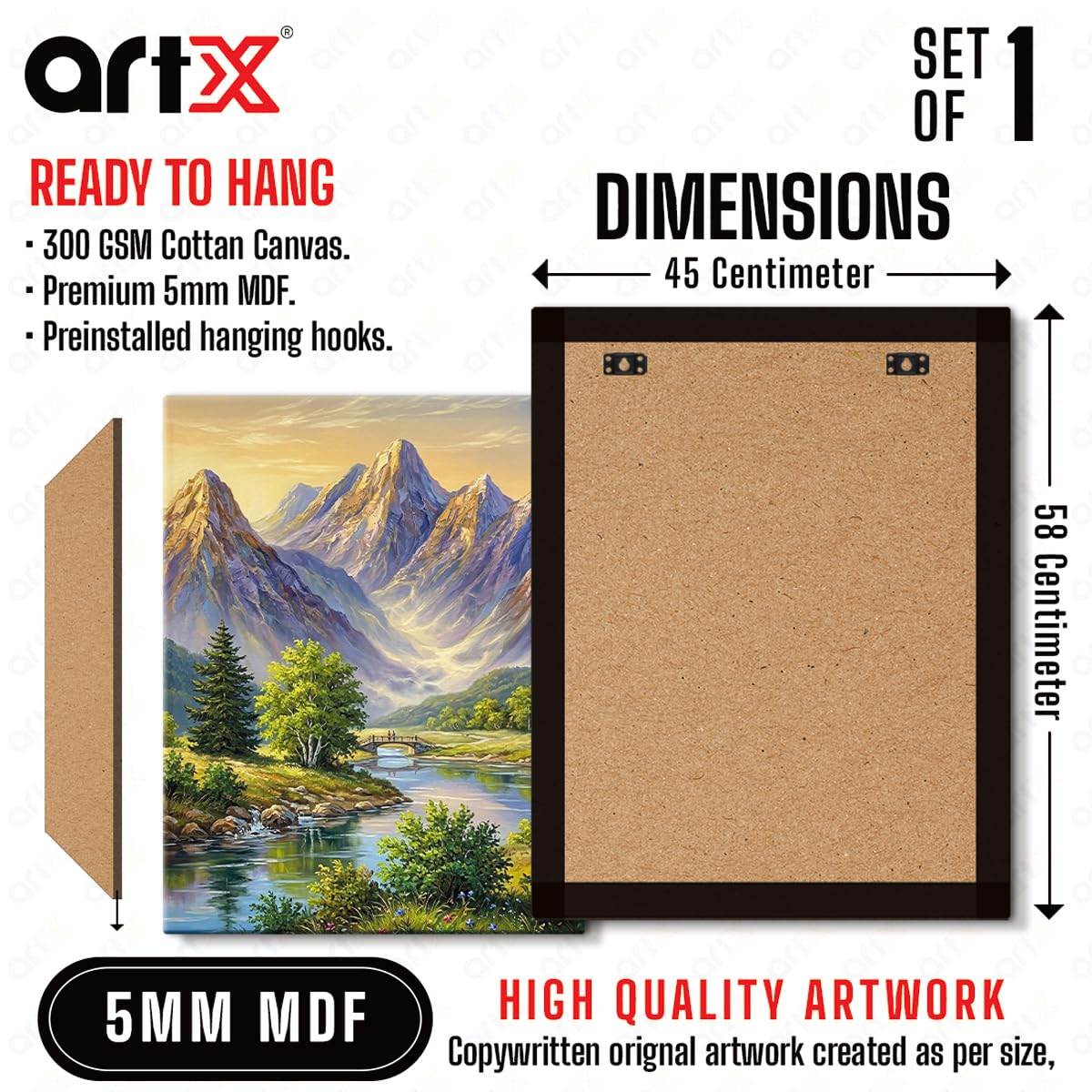 Mountain Canvas Painting for Wall Decoration, Mountain Painting Vastu, River Valley Nature Wall Art, Gallery Wrapped for Living Room, Bedroom, Office Décor, 45 x 58 cm