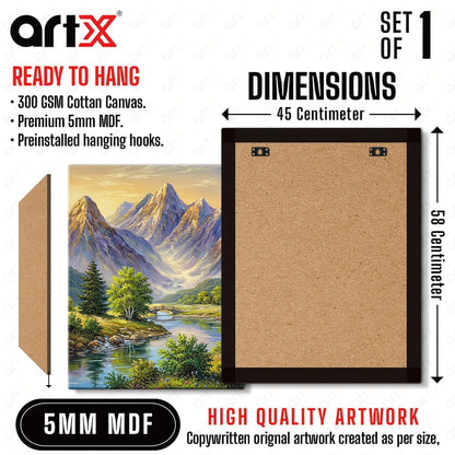 Mountain Canvas Painting for Wall Decoration, Mountain Painting Vastu, River Valley Nature Wall Art, Gallery Wrapped for Living Room, Bedroom, Office Décor, 45 x 58 cm