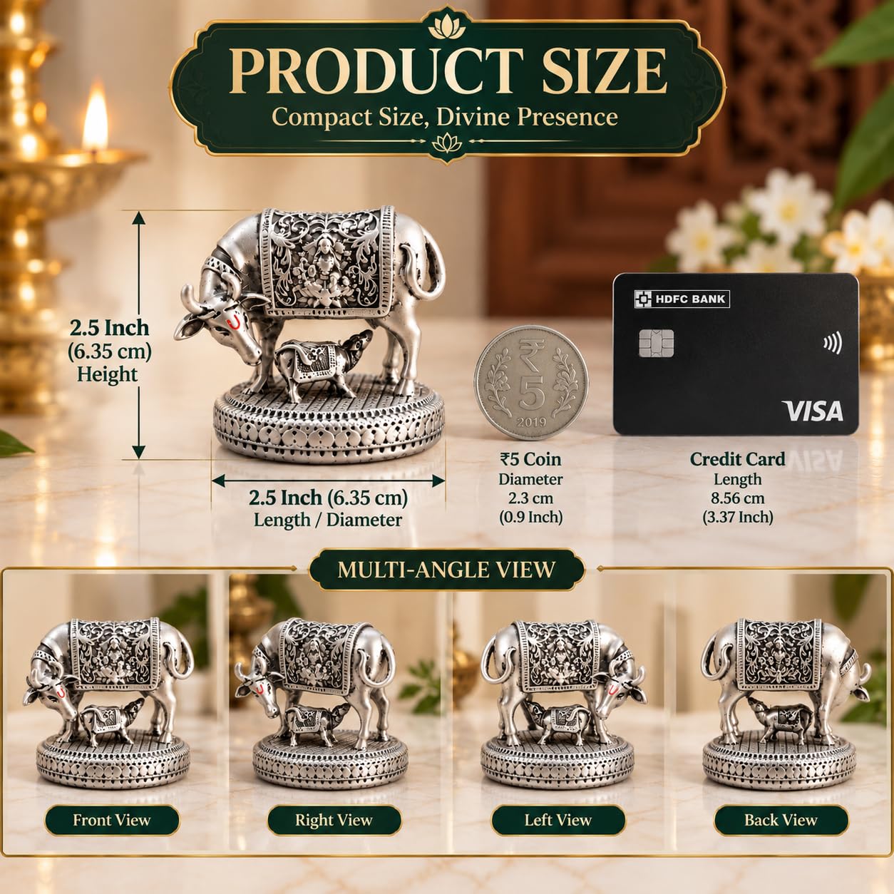 Gold Art India Kamdhenu Cow with Calf Idol | 999 Silver Plated | Antique Matte Finish | Premium Peacock Green Velvet Gift Box | Sacred Gau MATA Vastu Idol for Home Temple, Office & Spiritual Gifting