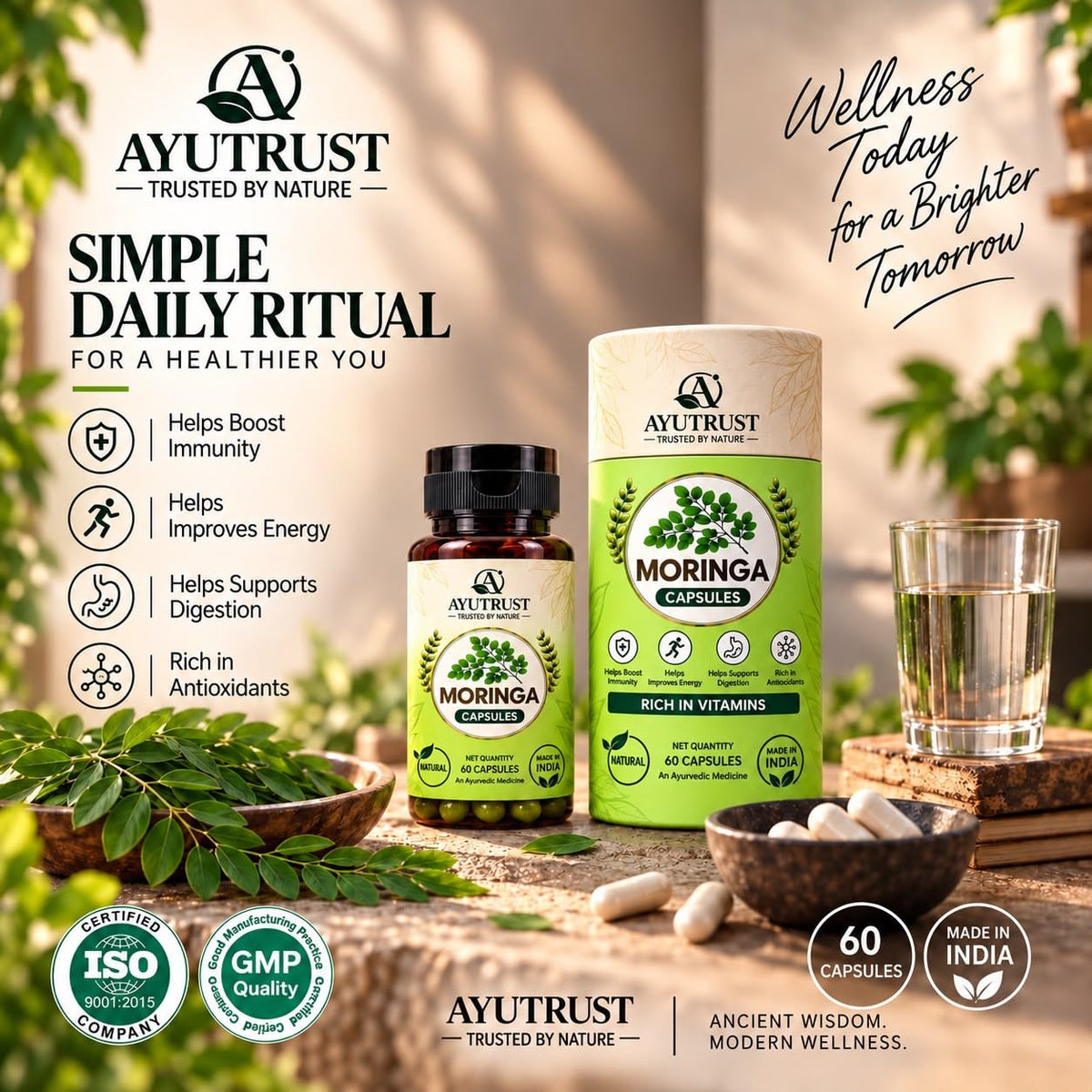 AYUTRUST Moringa Capsules I 400 mg Pure Moringa Leaf Extract | Natural Supplement | Supports Immunity, Energy & Digestion| 60 Capsules |