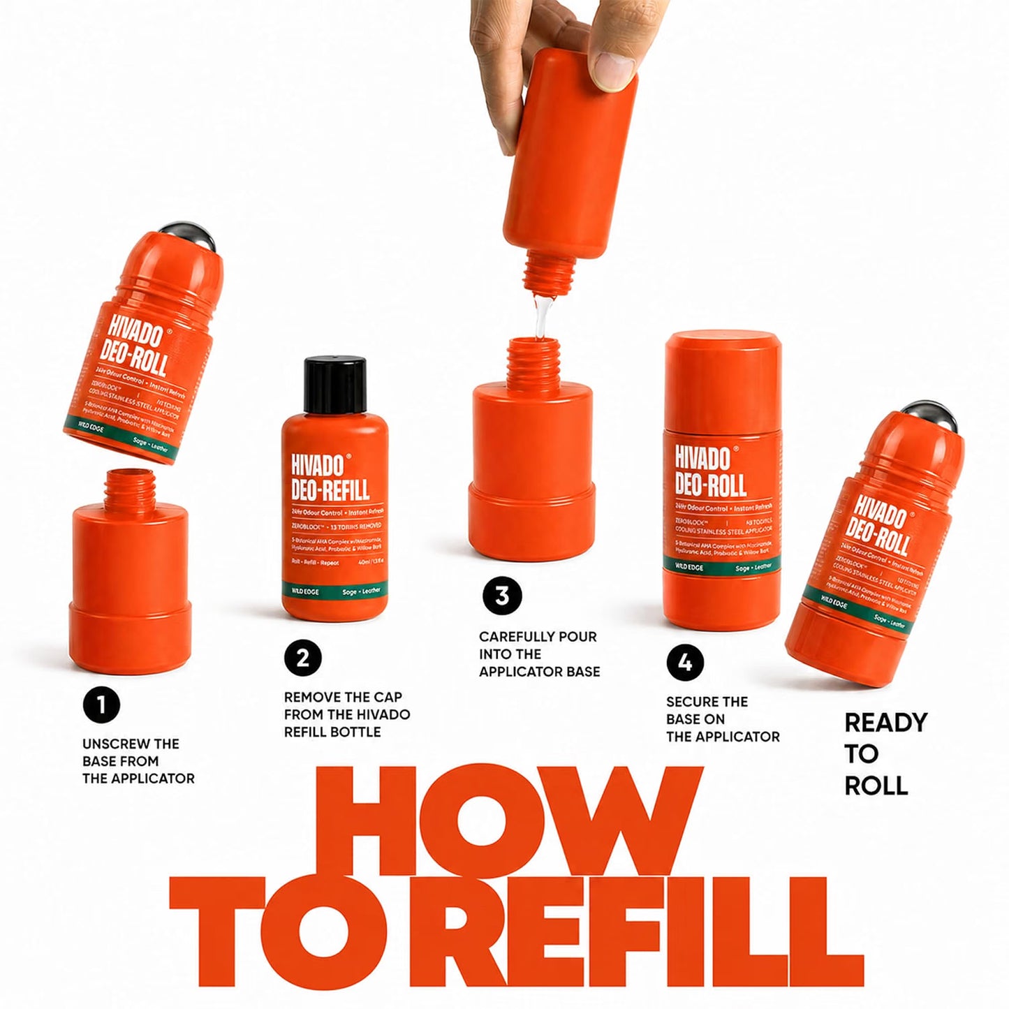 HIVADO Roll-On Deodorant Refill, 40ml | For Cool Steel Ball Applicator | Men & Women | Probiotic, Niacinamide & Botanical AHA | Natural Odour Control