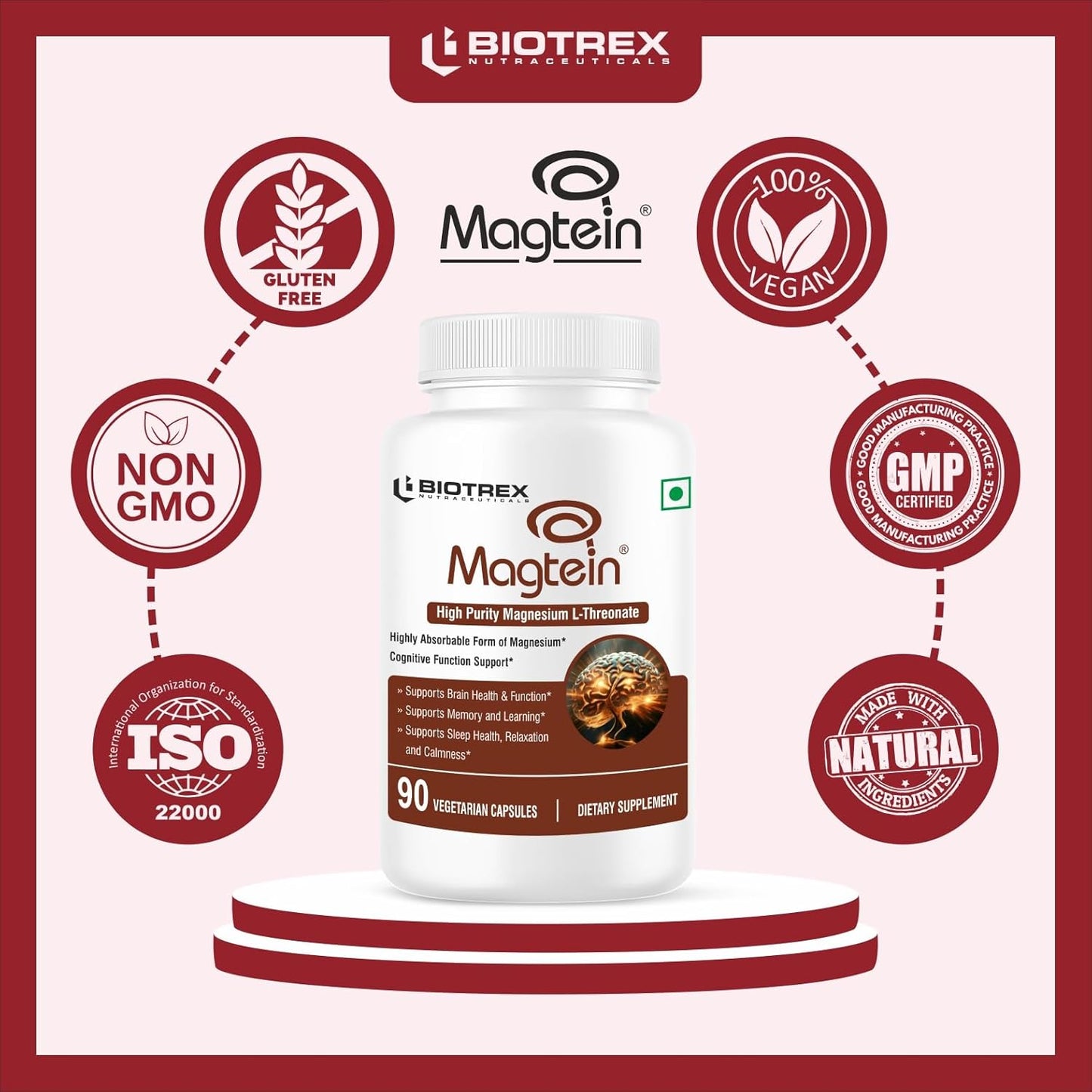 Biotrex Nutraceuticals Magtein Magnesium L Threonate Supplement – Supports Cognitive Function, Memory & Sleep – Magnesium L-Threonate for Brain Health – 90 Veg Capsules – Highly Bioavailable Formula