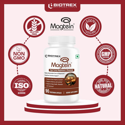 Biotrex Nutraceuticals Magtein Magnesium L Threonate Supplement – Supports Cognitive Function, Memory & Sleep – Magnesium L-Threonate for Brain Health – 90 Veg Capsules – Highly Bioavailable Formula