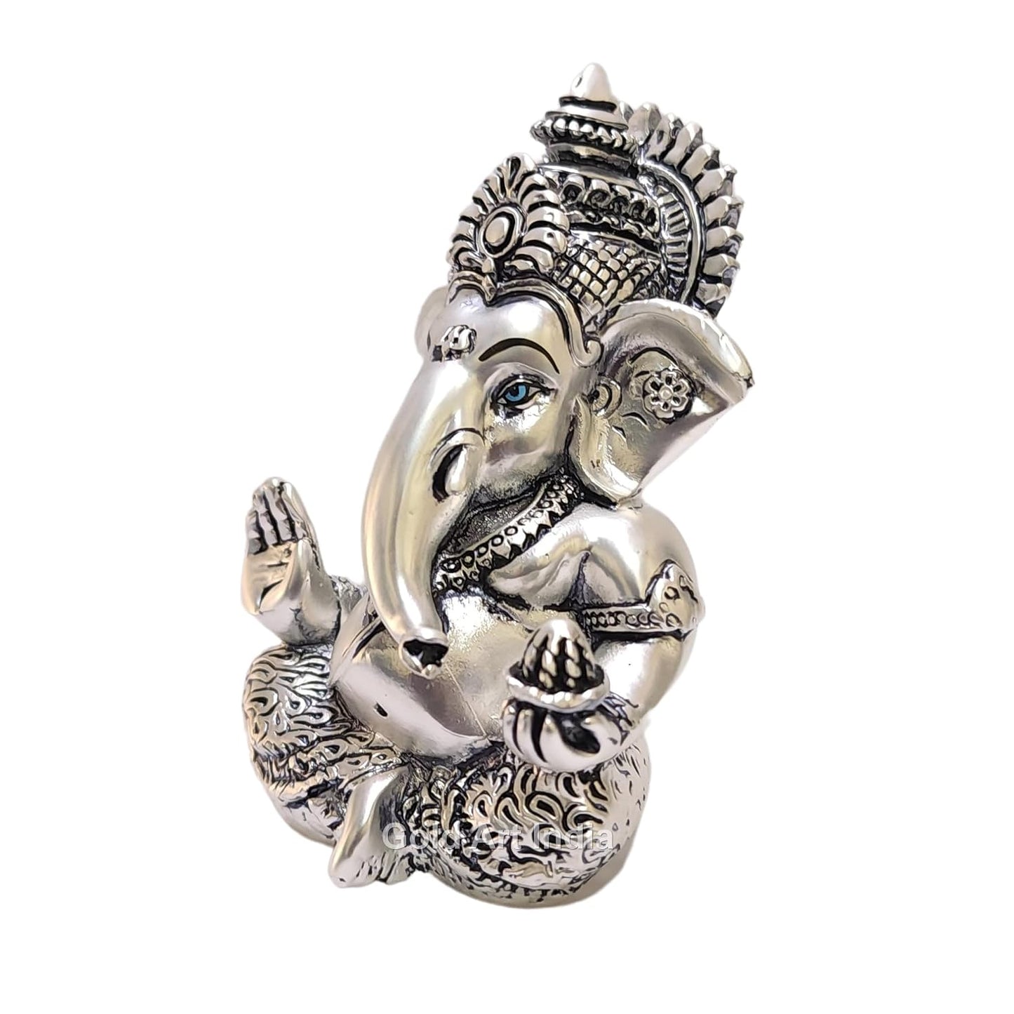 Gold Art India 999 Matte Silver Plated Antique Mukut Ganesha - 3.5" - Perfect for Gifting, Home Decor, Car Dashboard Murti Ganpati Idol for Home Decor Puja Statue Gift for Office Desk Puja Room, God