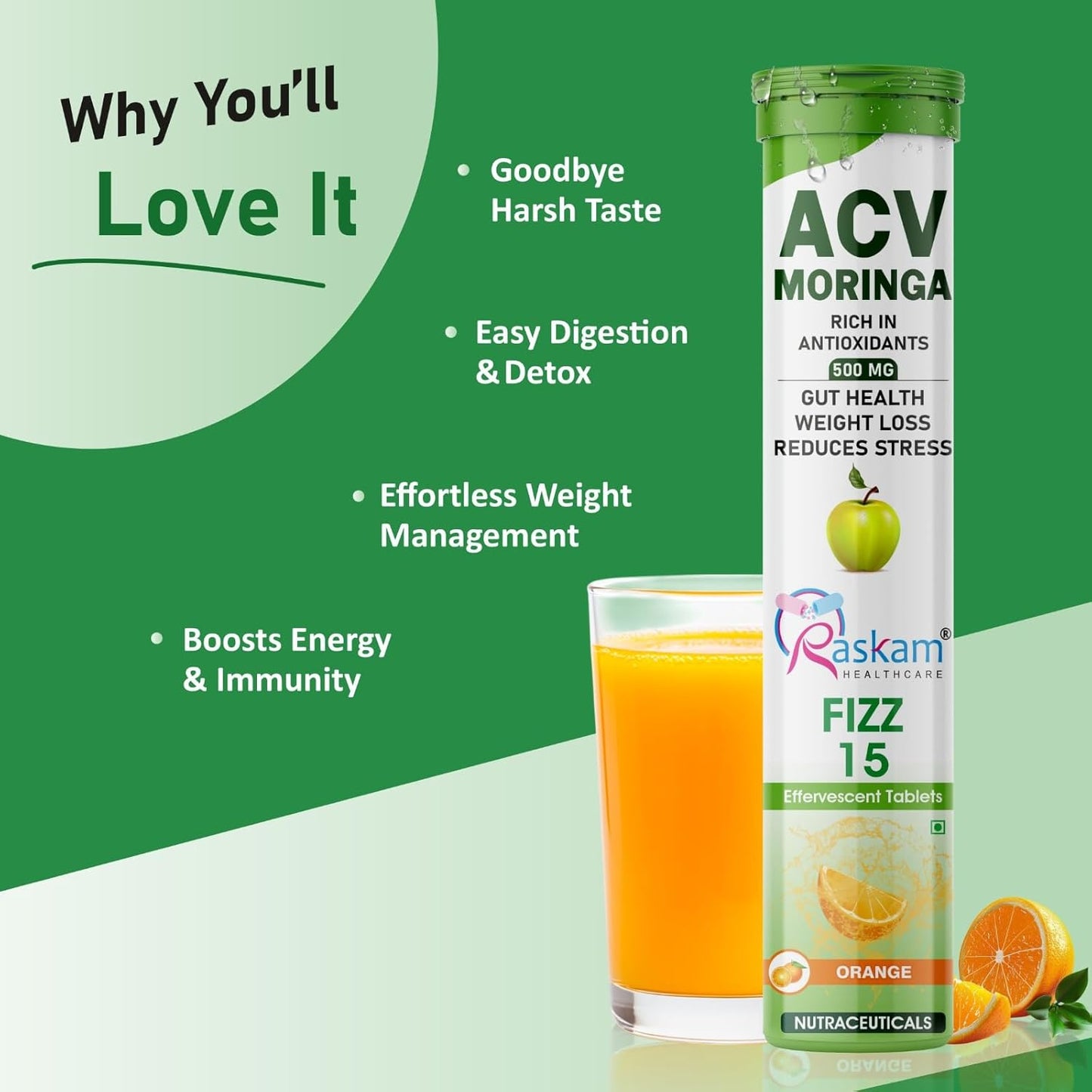 ACV Moringa Antioxidant Effervescent Tablets | Fizz 15 Effervescent Tablets (Pack of 1) |Orange Flavour, 500mg | Natural Liver Detox and Gut Health