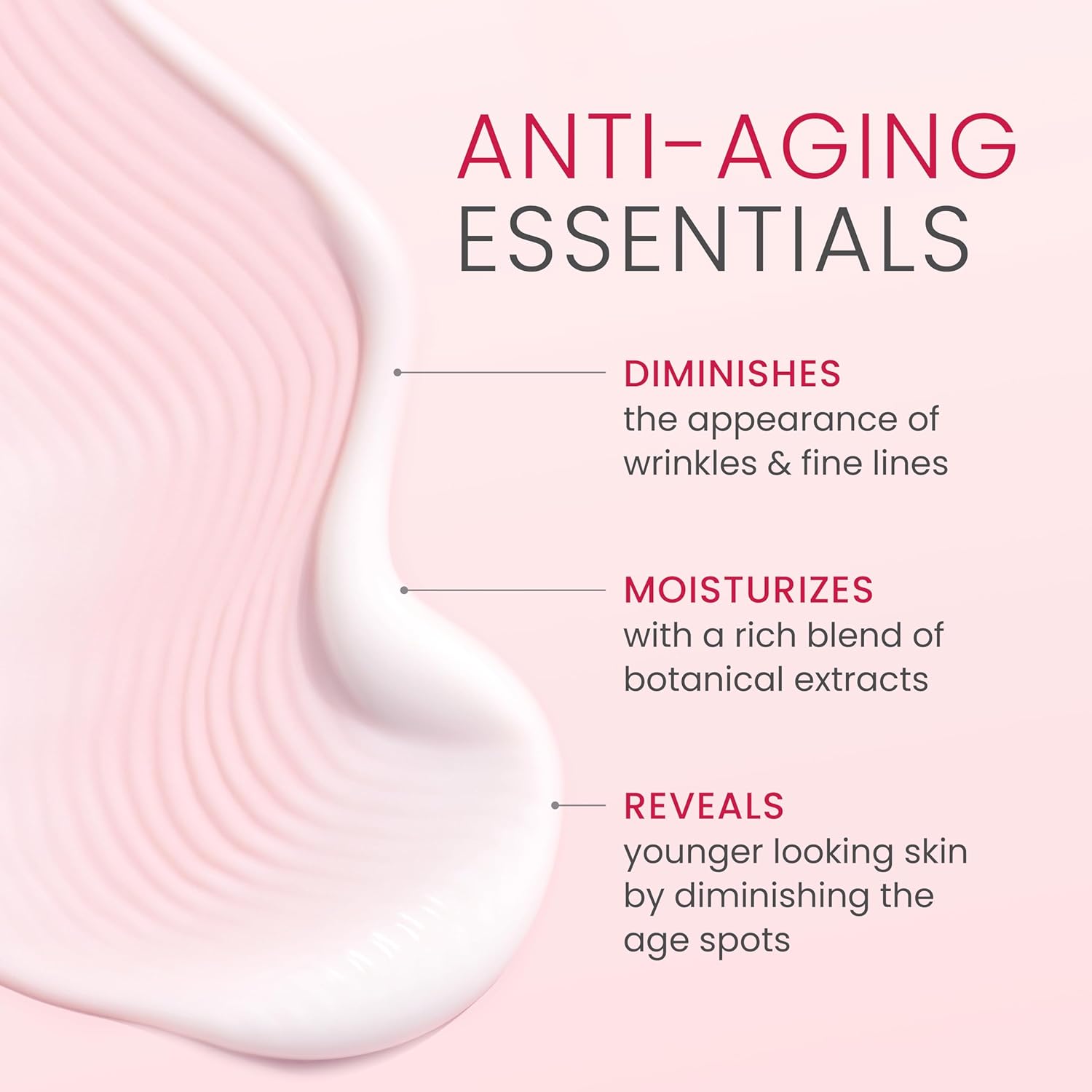Anti-aging skincare product with text on a pink background