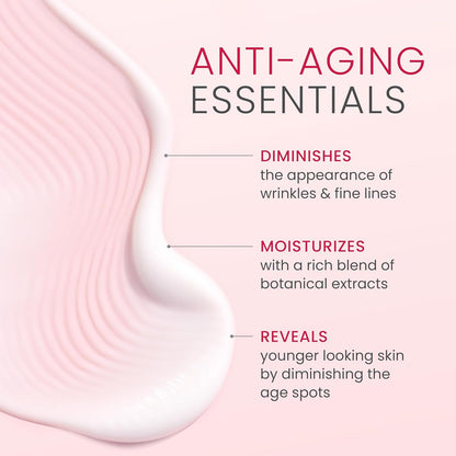 Anti-aging skincare product with text on a pink background