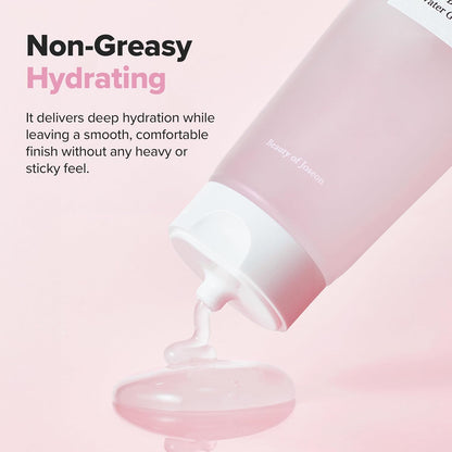 Pink skincare product with text about non-greasy hydrating properties on a pink background