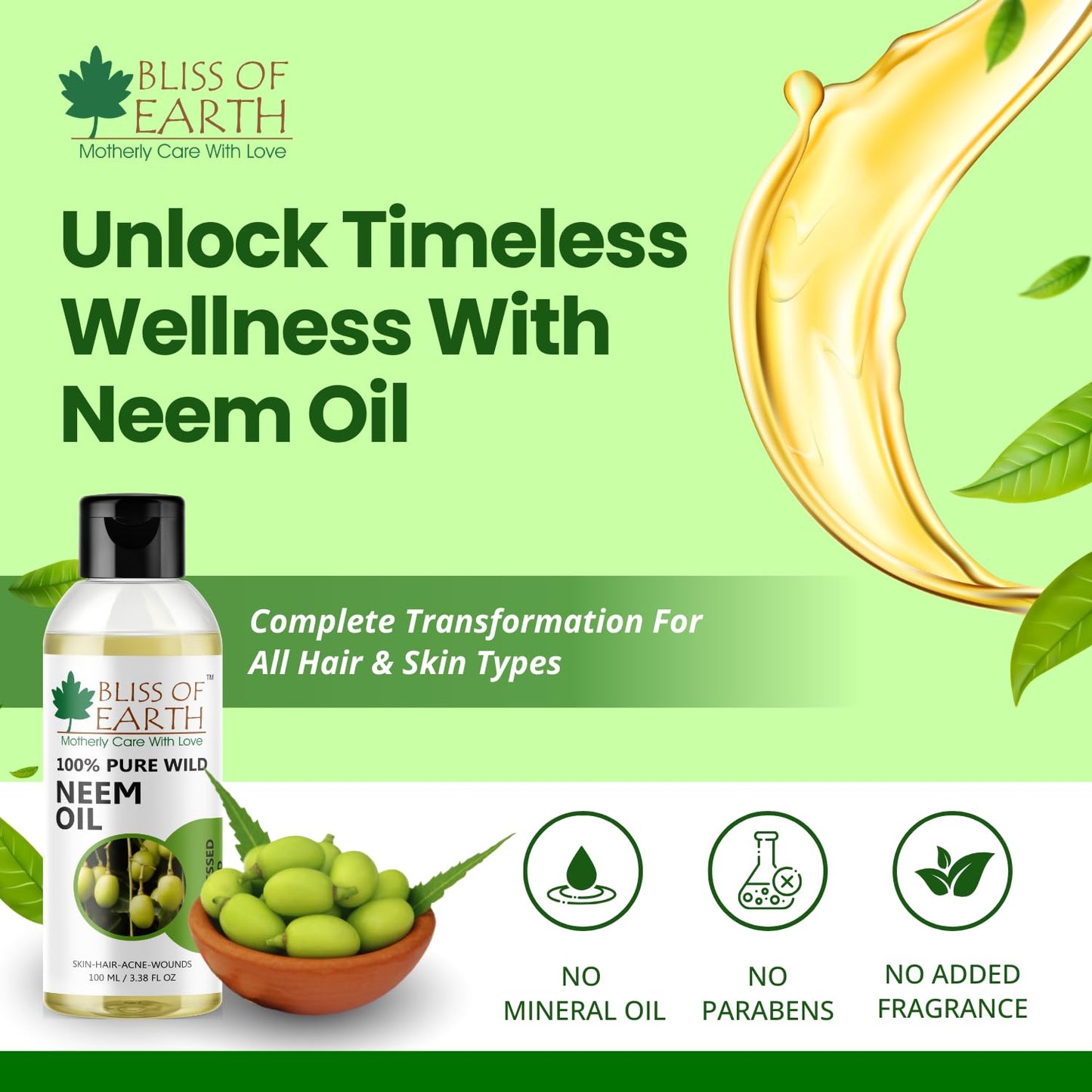 Bliss of Earth Neem Oil 100ml Pure Cold Pressed Natural Neem Oil for Skin, Scalp Care, Hair Dandruff & Hair Growth Support