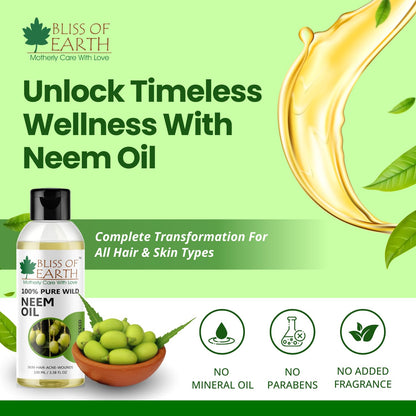 Bliss of Earth Neem Oil 100ml Pure Cold Pressed Natural Neem Oil for Skin, Scalp Care, Hair Dandruff & Hair Growth Support