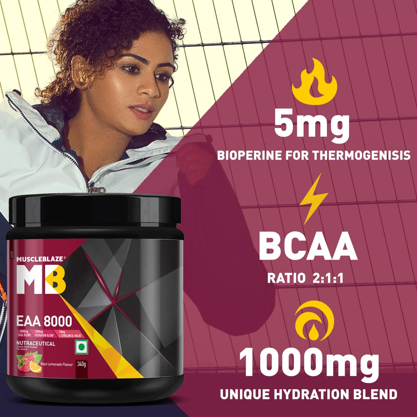MuscleBlaze EAA 8000 Powder (Razz Lemonade, 340g, 25 Servings) | 8000mg EAAs Blend, 1000mg Hydration Blend | 750mg L-Citrulline