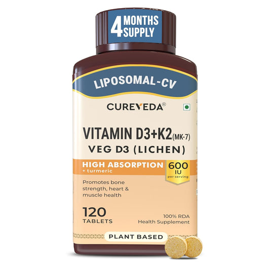 Cureveda Vitamin D3+K2 supplement bottle with label on a white background