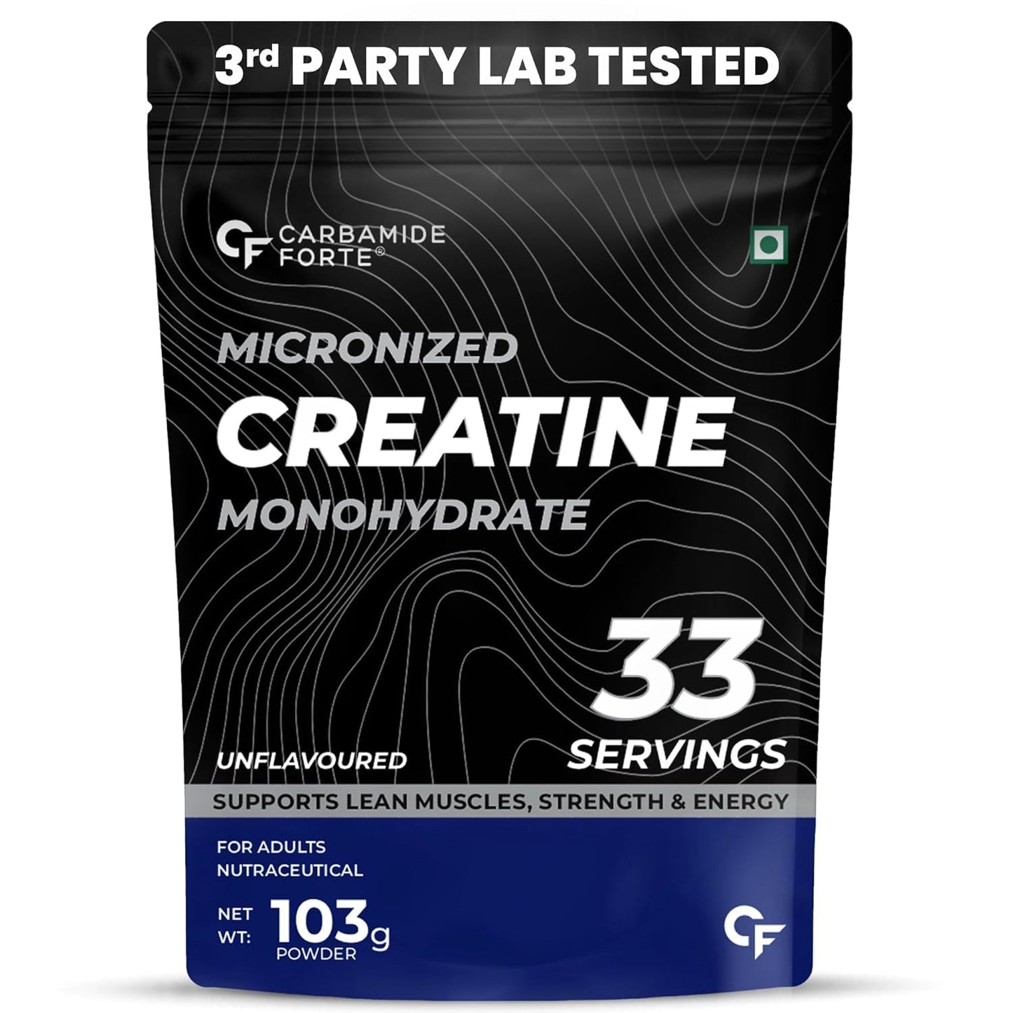 Package of Micronized Creatine Monohydrate powder with branding and product details.
