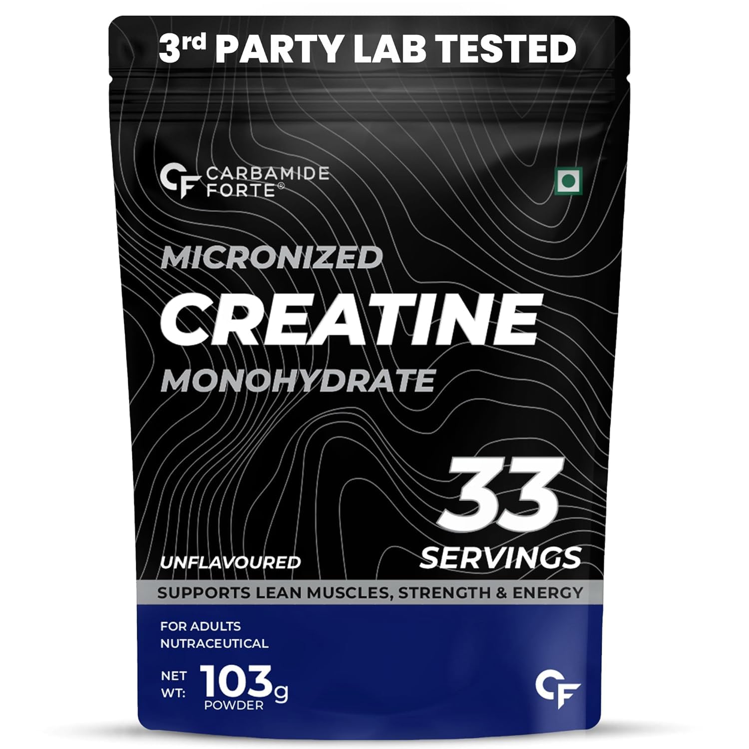 Package of Micronized Creatine Monohydrate powder with branding and product details.