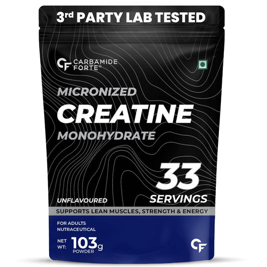 Package of Micronized Creatine Monohydrate powder with branding and product details.