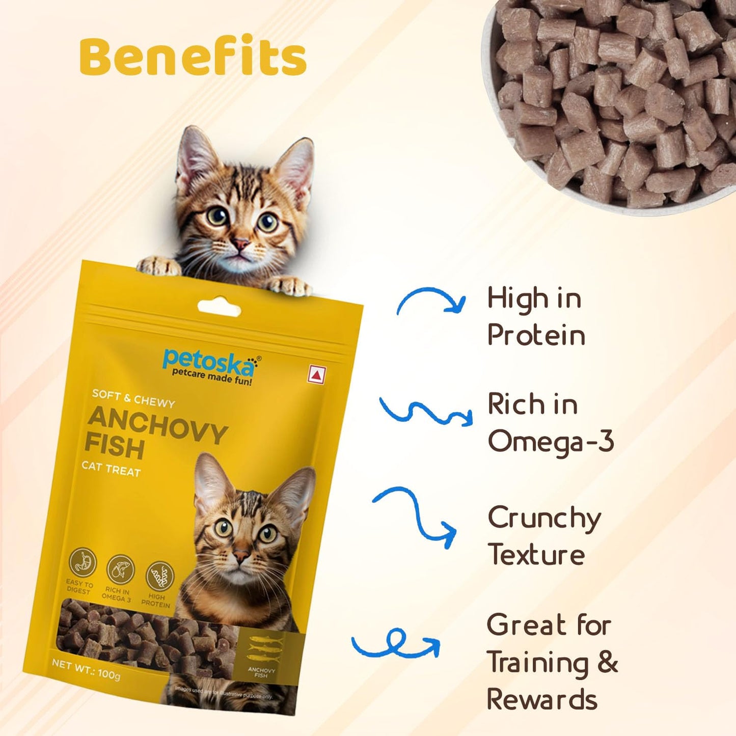 Petoska Anchovy Fish Cat Treats - 100g | Air-Dried Real Anchovy Bites with Taurine & Omega-3 | Chewy High-Protein Snack for Shiny Coat, Heart Support & Weight Control | for Kittens & Adult Cats