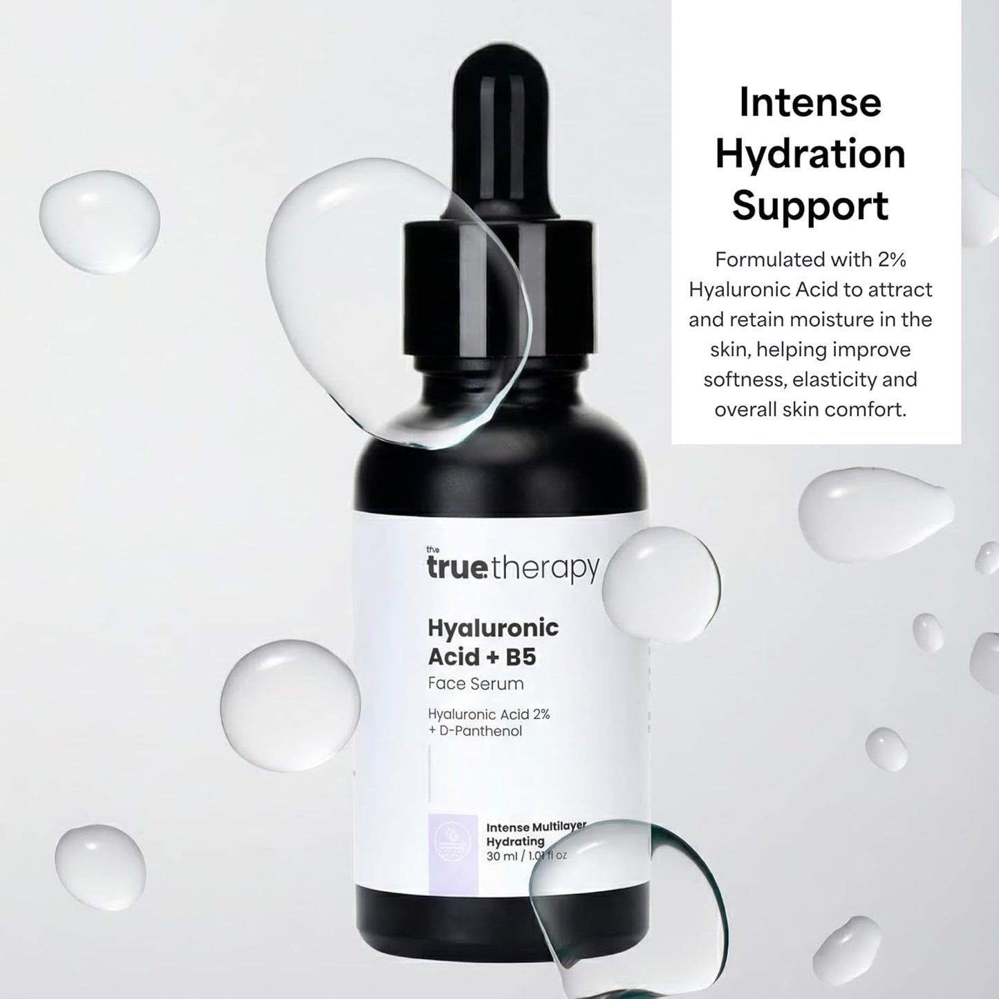 The True Therapy 2% Hyaluronic Acid Serum with Pro-Vitamin B5 - Intense Multi-layer Hydration - Probiotics Xylitol, Dewy Looking Skin, Moisturize, Plump Skin, Reduce Wrinkles, Anti-Aging Serum – 30 ml