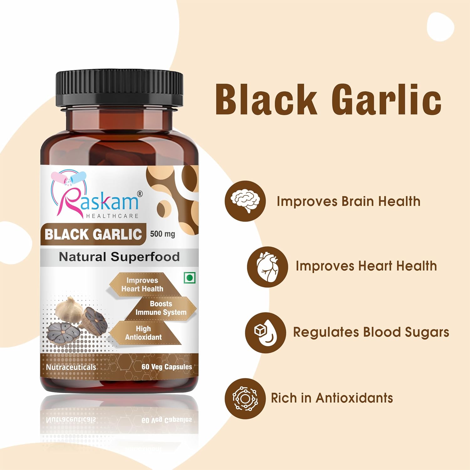 Raskam Black Garlic supplement bottle with health benefits on a beige background