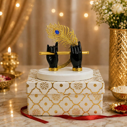 Goldplated Krishna Black Hand with Flute Idol Peacock Feather Mor Pankh Showpiece,Housewarming Gift, Birthday Anniversary Wedding Janmashtami Gift, Home Decor Decoration Items for Living