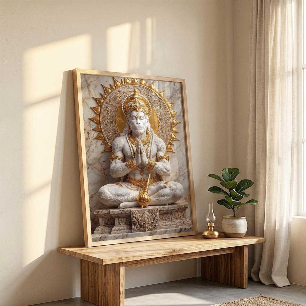 Hindu God Wall Art WALL ART Prints Framed Spiritual Religious Paintings for Living Room, Pooja Room, Bedroom, Office, Meditation Room, Home Decor (Hanuman ji, 13X19, Brown)