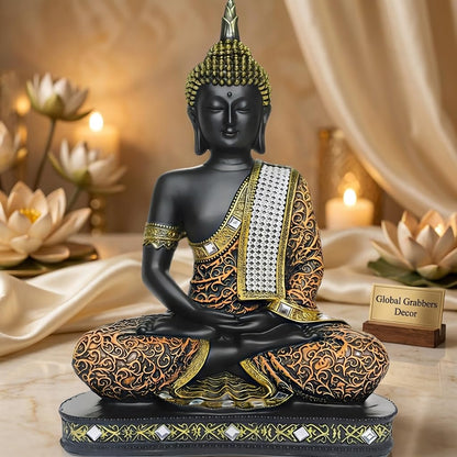 Global Grabbers new Limited Edition 25 Centimetre Meditating Sitting Buddha Idol Statue showpiece Home Decor Decoration Items for Living Room and Gifts (1, Orange Black)