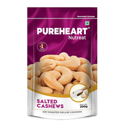 Pureheart Nutreat Roasted Salted Cashews, Flavourful & Crunchy Snack | Premium Salted Whole Cashew Nuts/Kaju Dry Fruit | Rich in Protein & Fiber | No Artificial Colors, Flavors, Preservatives