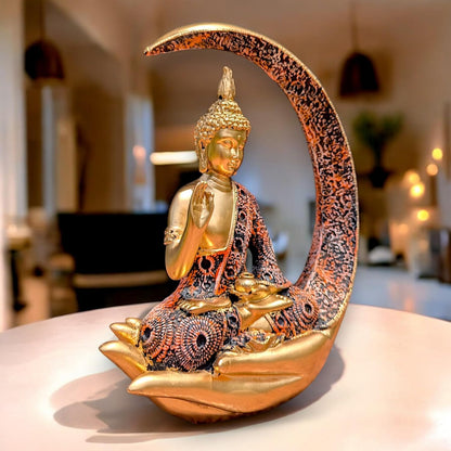 Big Meditating Moon Buddha Statue Showpiece Bronze Finish | Spiritual Home Decor Idol for Living Room Office Table Meditation Corner | Peaceful Zen Figurine Gift 20.3 x 7.6 cm