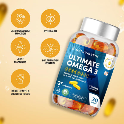 Bottle of Naturaltein Ultimate Omega 3 supplements with health benefits on a beige background