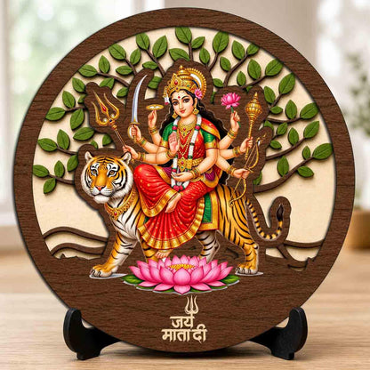 Plan To Gift Durga Maa Table Top Wooden Idol/Murti for Mandir Decoration, Office Desk & Festive Gift - 5x5 Inch