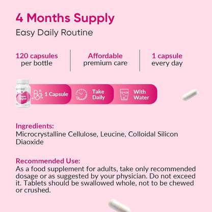 Supplement packaging with information on 4 months supply, capsules per bottle, and daily routine.