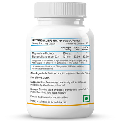 Biotrex Nutraceuticals Magnesium Glycinate | Highest Bioavailability | Cramps, Sleep & Mood balance | Chelated Form With Superior Absorption | Muscle Recovery & Nerve Function | 60 Veg Capsules