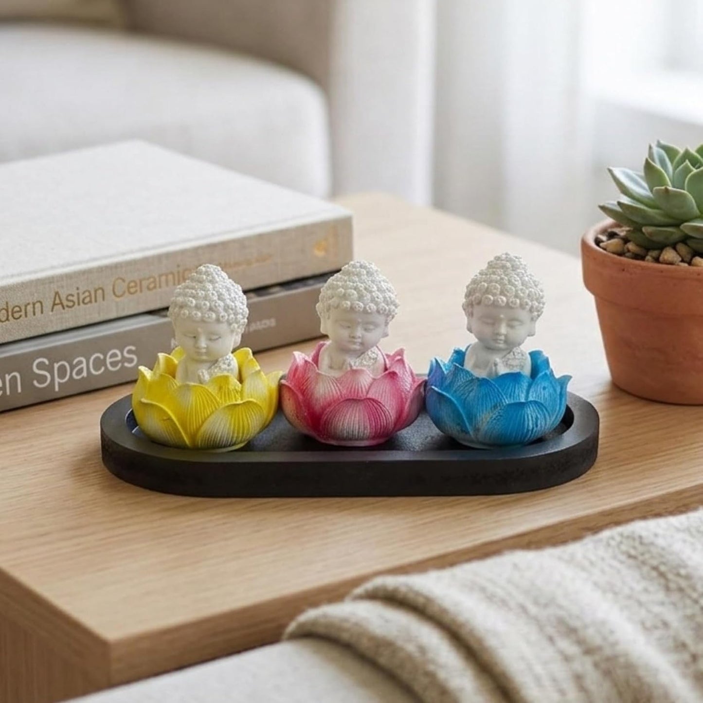 eCraftIndia Set of 3 White Lord Buddha Idols in Lotus Base | Buddha Statues for Car Dashboard Office Home Decor | Gift for Diwali Housewarming Birthday