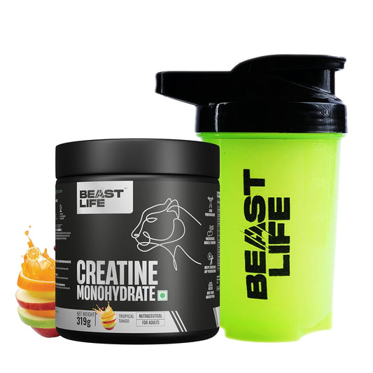 BeastLife Micronised Creatine Monohydrate with Free Shaker | 319 g | 86 Servings | Tropical Tango | NABL Lab Tested | Rapid Absorption for Muscle Strength & Athletic Performance | Super Micronised Creatine Powder