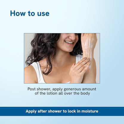 Woman applying lotion with text on how to use it