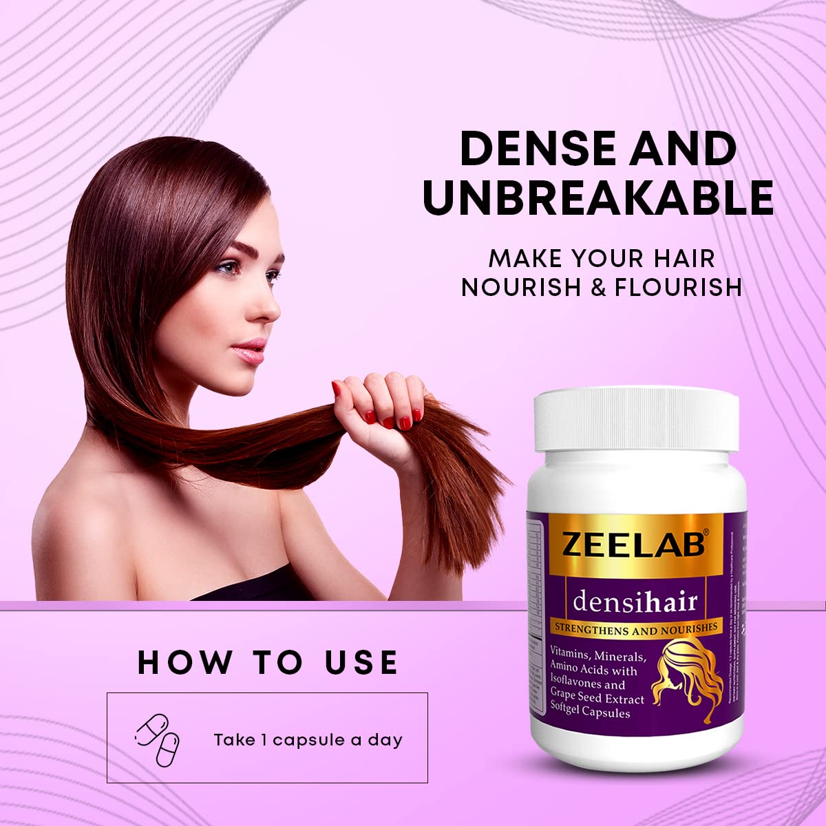 Zeelab densihair supplement bottle with a woman holding her hair on a pink background