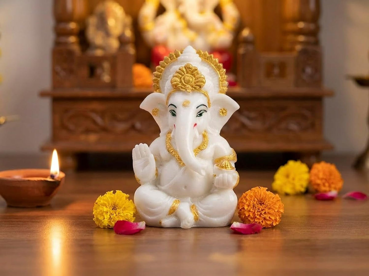 Polyresin and Marble Ganesh Ji Idol Murti for Pooja Room & Car Dashboard (White, Aashirwad Mudra)