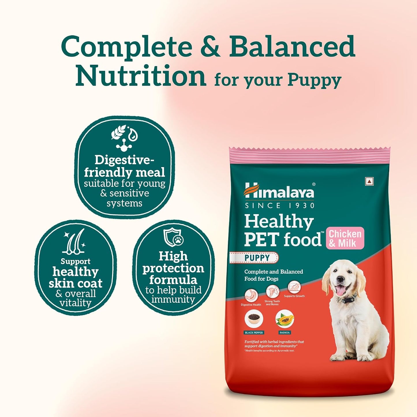 Himalaya Healthy PET Food for Puppies | Chicken & Milk | 1.2kg | Complete & Balanced Nutrition with Black Pepper, Oats & Papaya