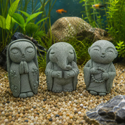 Street27 3Pcs Zen Monk Statue Set, Mini Sandstone Buddha Monk Figurines for Home, Office Desk, Aquarium, Car Dashboard, Meditation Room & Table Decor, Grey