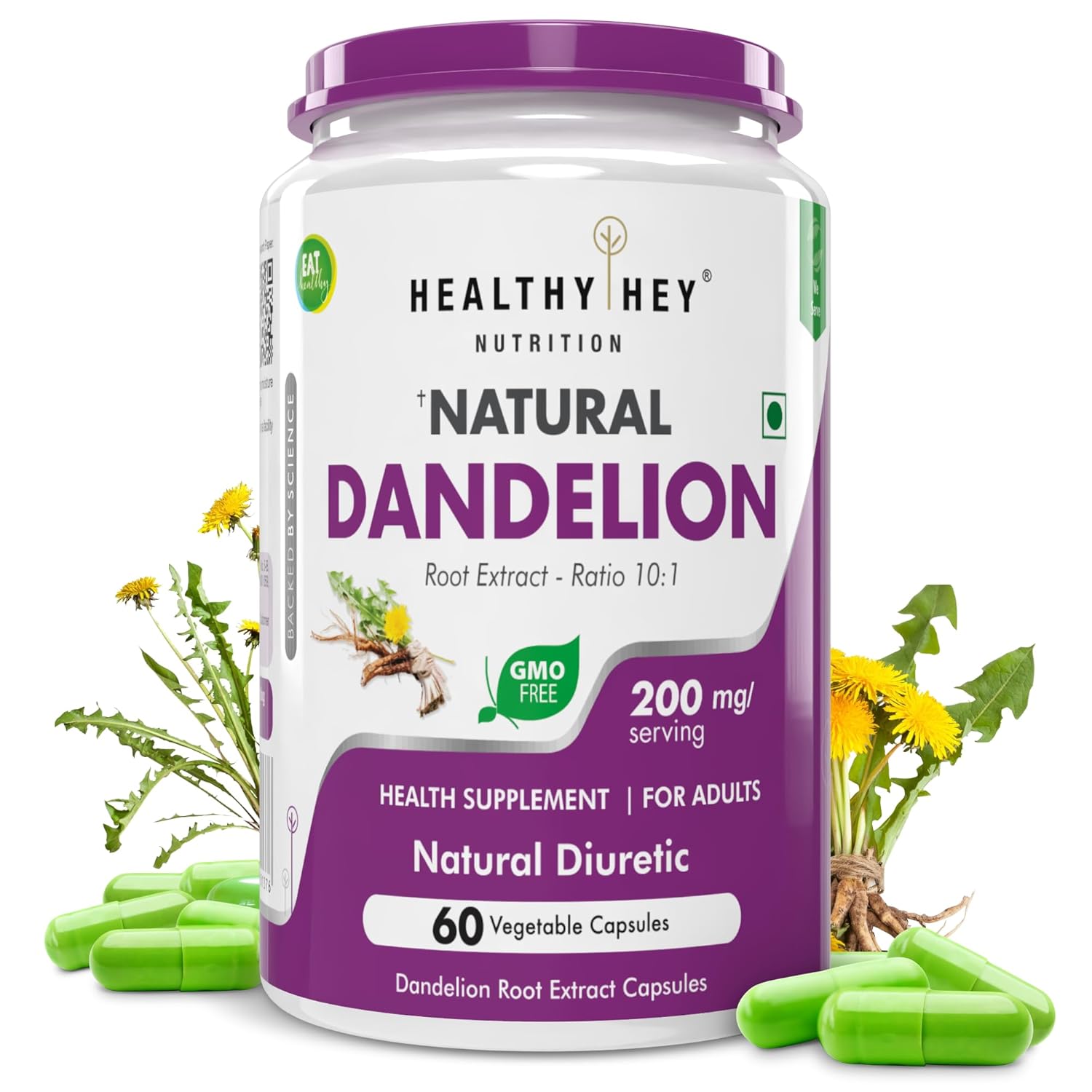 Healthy Hey Nutrition Natural Dandelion health supplement with capsules on a white background
