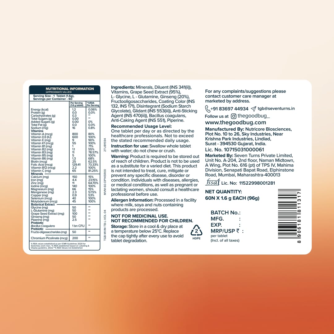 The Good Bug Multivitamin Tablets with Probiotics | 23 Essential Vitamins & Minerals | With Panax Ginseng (Men) | Supports Energy, Immunity, Gut Health & Daily Wellness | 60 Tablets
