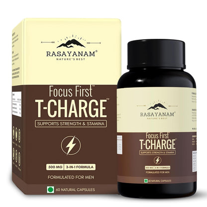 Rasayanam Focus First T-Charge supplement bottle and packaging on a white background