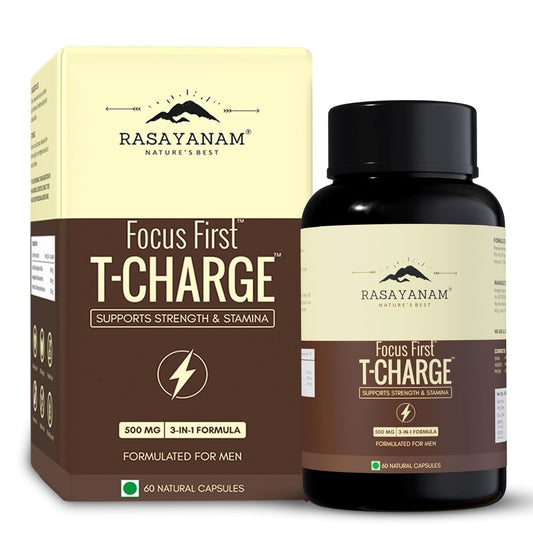 Rasayanam Focus First T-Charge supplement bottle and packaging on a white background