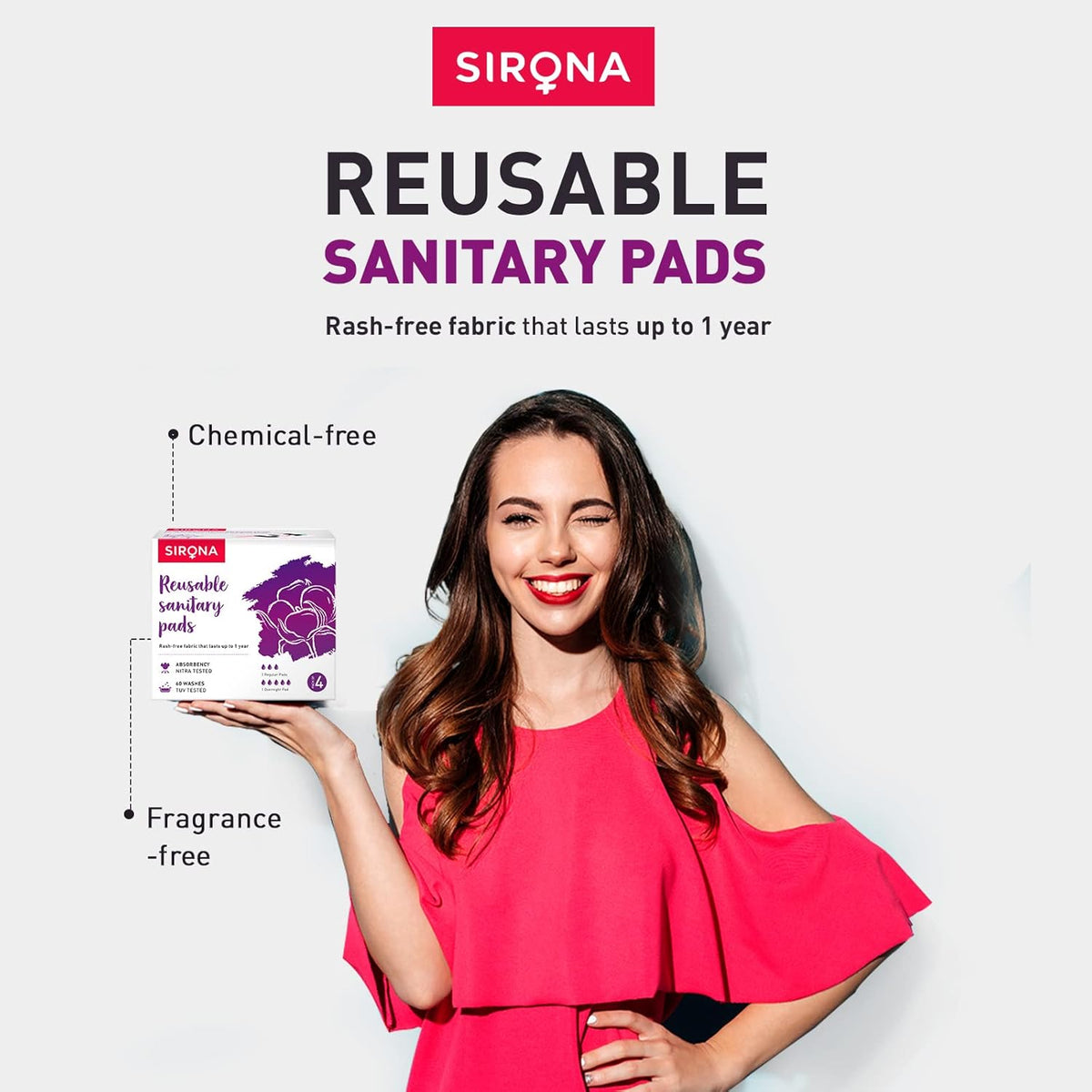 Woman holding Sirona reusable sanitary pads with product packaging on a white background