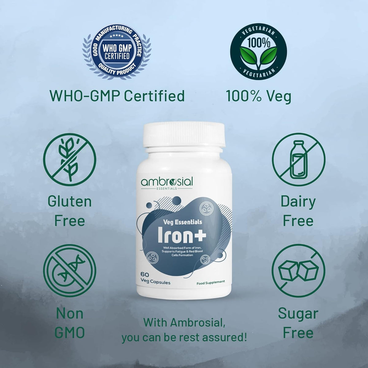 Vitamins bottle labeled 'Iron+' with certification logos on a light blue background