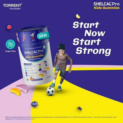 Advertisement for Shelcal Pro Kids Gummies with a child playing soccer on a blue and yellow background.