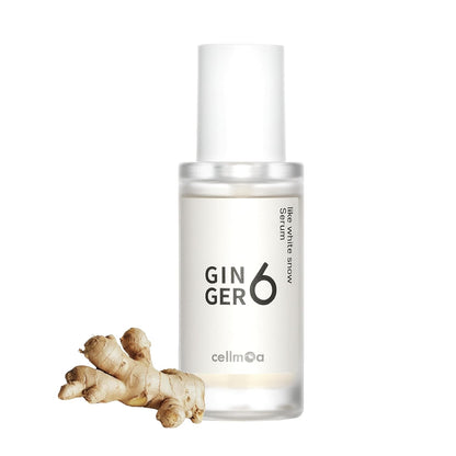 Bottle of Ginger 6 serum by cellmoo with a ginger root on a white background