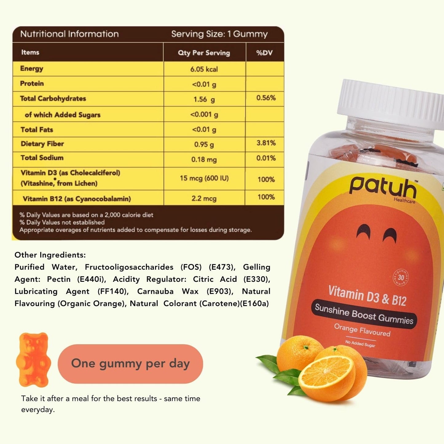 PATUH HEALTHCARE Vitamin D3 & B12 Gummies | 100% Vegetarian Formula | Sugar-Free Energy & Immunity Support Gummies for Men and Women | Orange Flavour Vegan Supplement | Pack of 1