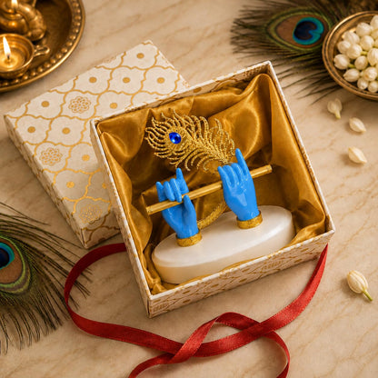 Goldplated Krishna Hand with Flute Idol Peacock Feather Mor Pankh Showpiece,Housewarming Gift, Birthday Anniversary Wedding Janmashtami Gift,Home Decor Decoration Items for Living Room